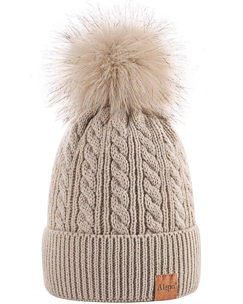 Alepo Womens Winter Beanie Hat, Warm Fleece Lined Knitted Soft Ski Cuff Cap with Pom Pom(Beige) - Image 1